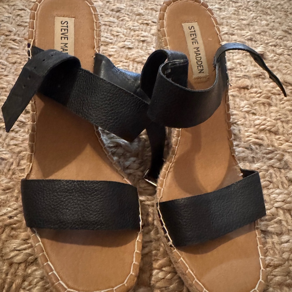 Steve Madden Black Leather Women's Sandals- Wedges